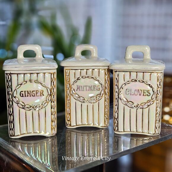 Vtg Iridescent Czechoslovakia Lusterware Labeled Spice Jars Set / 3 Ceramic Read - Picture 12 of 12